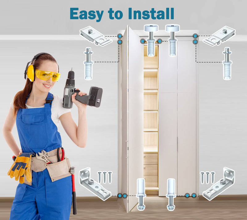 Bifold Door Hardware Repair Kit - 4 Packs Bi-fold Sliding Closet Doors Replacement Parts Include Top & Bottom Bracket, 3/8" Pivot, 7/8" Guides Wheel, for Folding Pocket Door Accordion 4 Pack Sliver