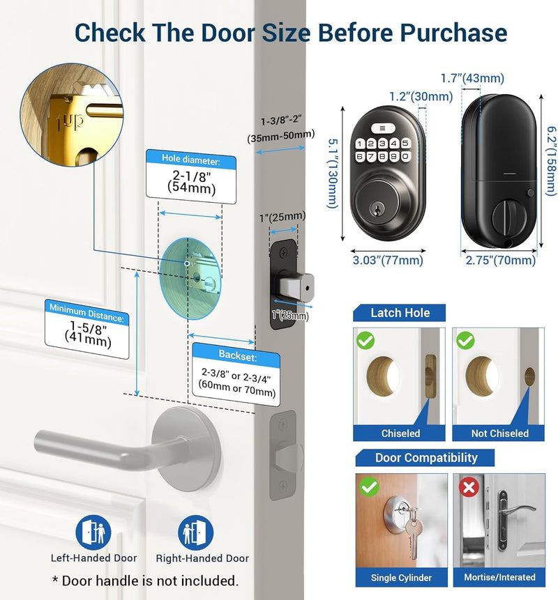 Veise Keyless Entry Door Lock, Electronic Keypad Deadbolt, Keyed Entry, Auto Lock, Anti-Peeking Password, Back Lit & Easy Installation Design, Matte Black