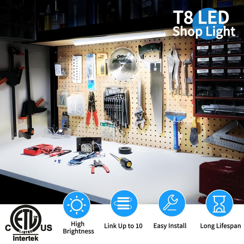 CNSUNWAY 2FT LED Shop Light, 24W 5000K Utility T8 LED Light Fixture, 3600LM Super Bright, D Shape, High Output, Linkable LED Light Tubes for Room, Garage, Workbench, Plug and Play, 2 Pack Daylight White 2 Feet