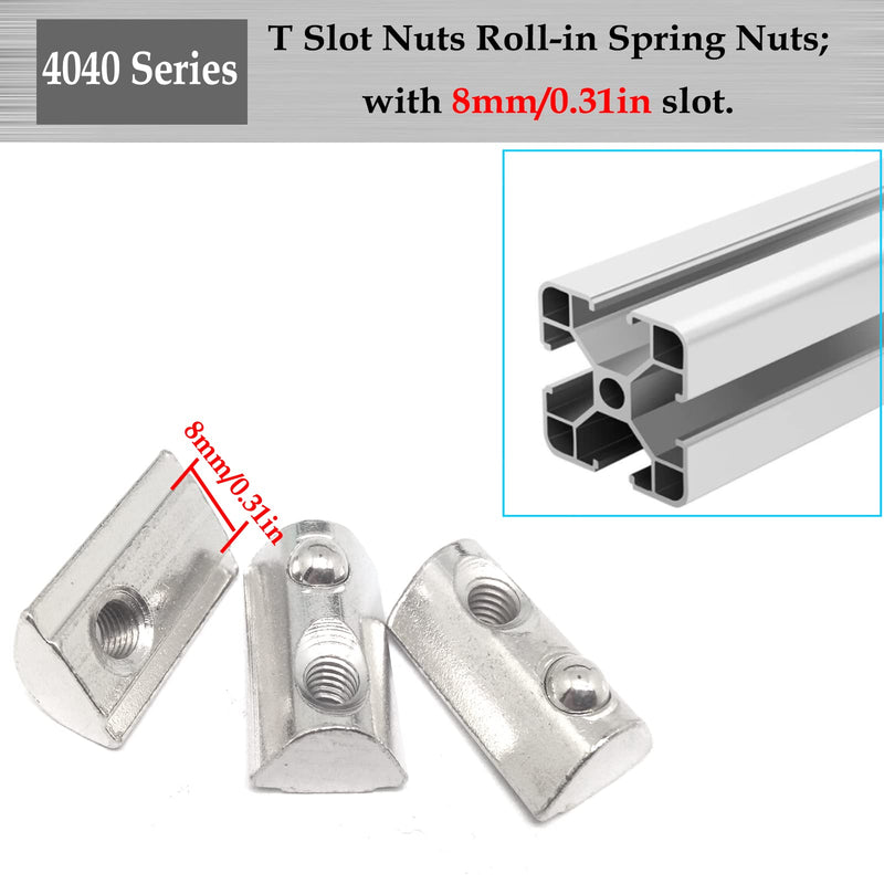 20Pcs 4040 Series M5 T Slot Nuts Roll-in Spring Nuts,Carbon Steel T-nut with Ball,for 4040 Series Aluminum Extrusion Profile Rail,with 8mm Slot 4040,M5