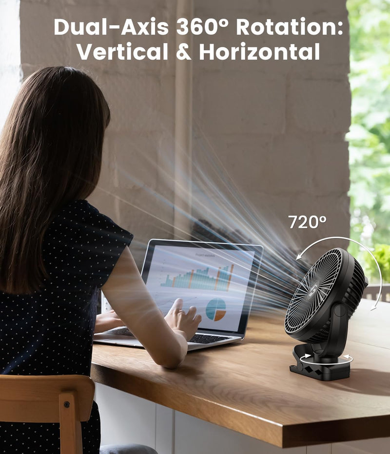 8-inch Clip-on Fan - 12000mAh Portable Rechargeable Battery With 3 Speeds and Strong Airflow, USB Small Desk Personal Quiet for Office, Stroller, Bedroom and Camping Black-12000mah