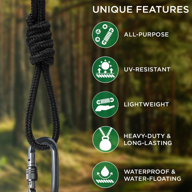 TECEUM Rope – 1/4” & 3/8” – 90 FT | 150 FT – Strong All-Purpose Utility Rope – Camping, Crafting, Flag Pole, Indoor & Outdoor – Polypropylene Nylon Poly Lightweight Diamond Braided Cord – Black 1/4" - 90 FT (27.5M)
