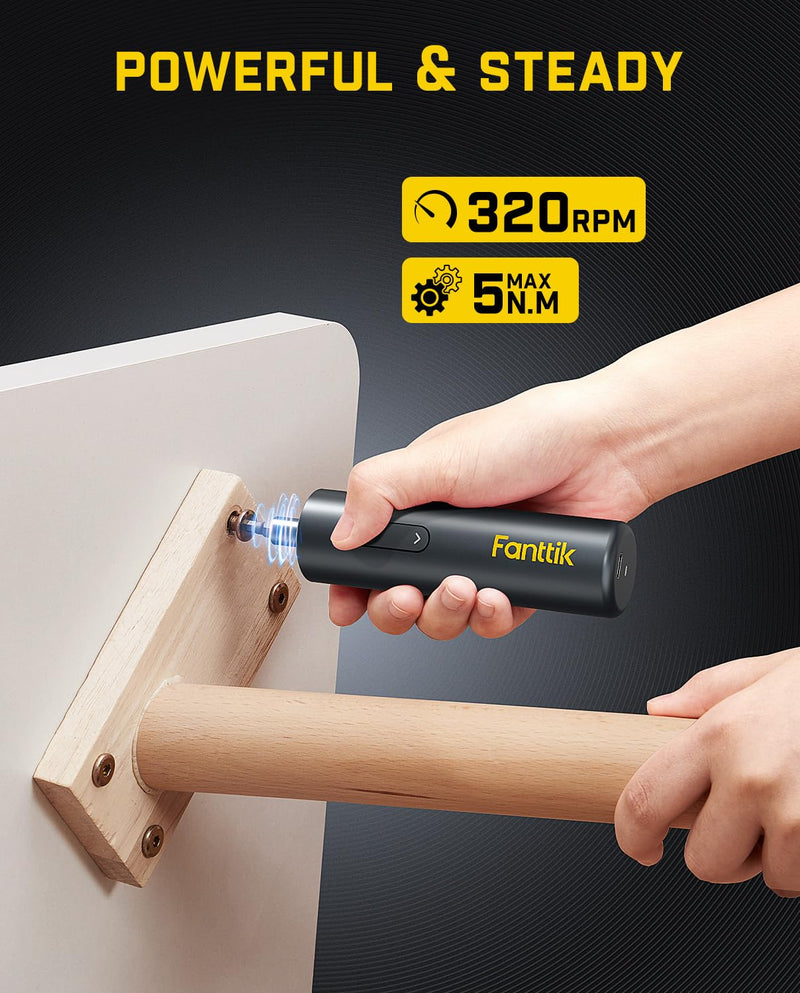 Fanttik S1 Capsule 3.7V Cordless Screwdriver, Electric Screwdriver, Max 5 N.m, 320 RPM Motor, 5 Pcs Double-Ended Bits, Compact Design, LED Light, 1/4''Hex, Idea Tool for Furniture, Appliances-Grey Grey