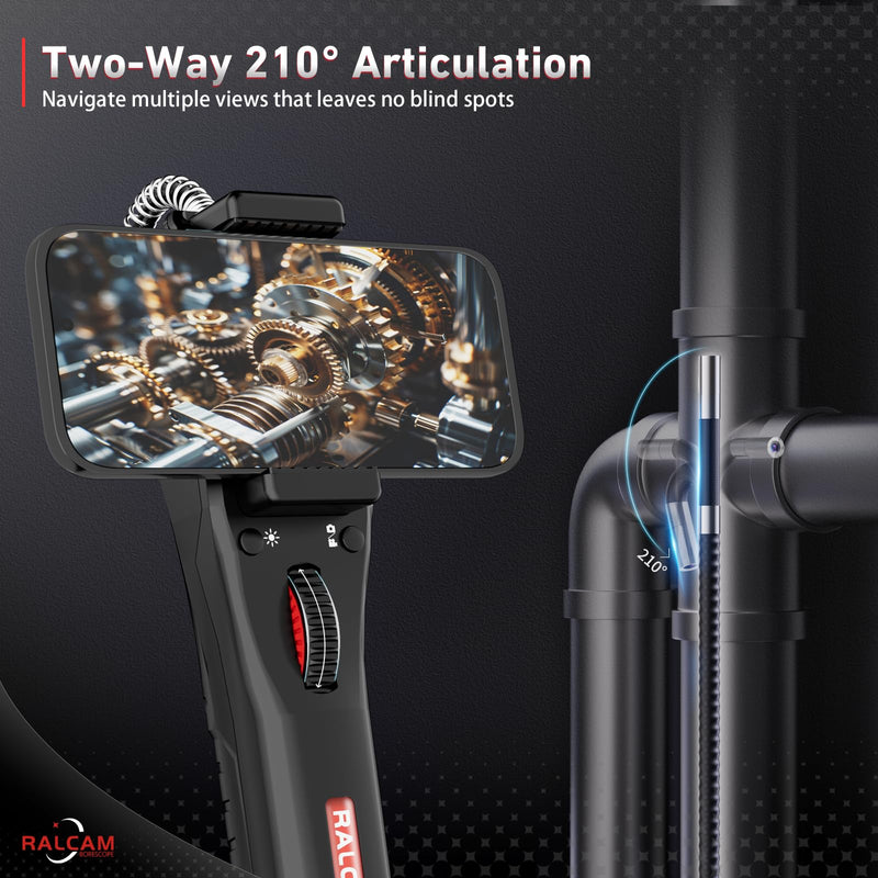 Ralcam Two-Way 210° Articulating Borescope Compatible with iPhone & Android | 6.2mm Slim Probe USB-C Flexible Endoscope Inspection Camera for Engine, Pipe & HVAC Inspection