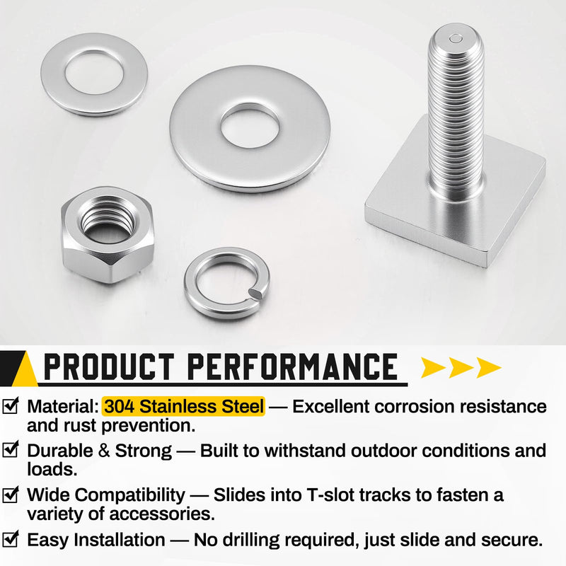 Shimeyao 16 Sets 304 Stainless Steel Square t Slot Bolts 16 Sets (M8x30mm, 20mm x 20mm x 4mm Bottom, Includes Washers, Nuts, and Screws)