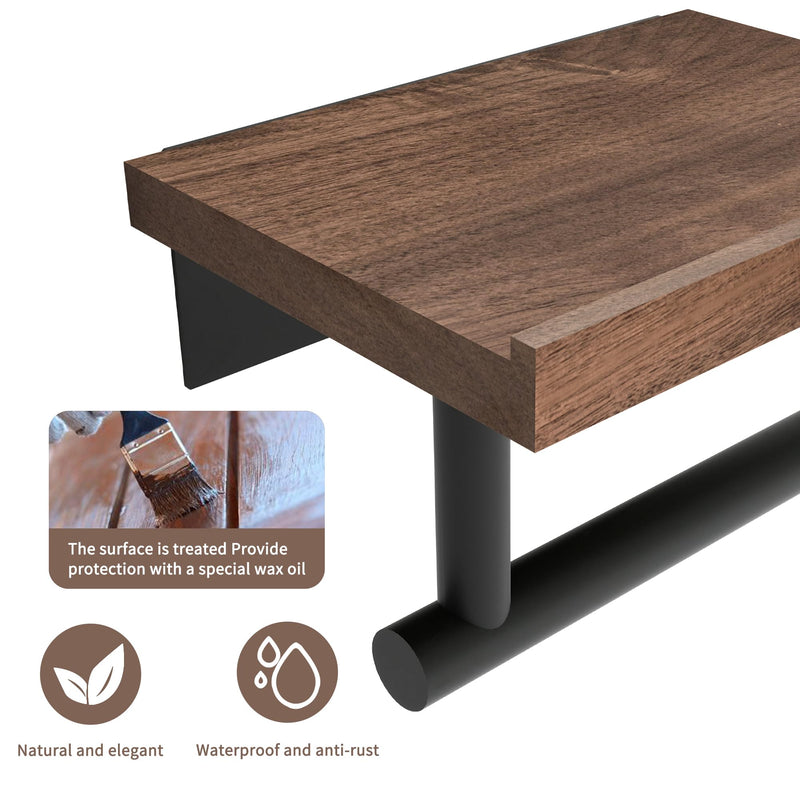 Wood Toilet Paper Holder with Wood Shelf, Wall Mount Tissue Paper Roll Holder, (Walnut) Walnut Wood & Matte Black