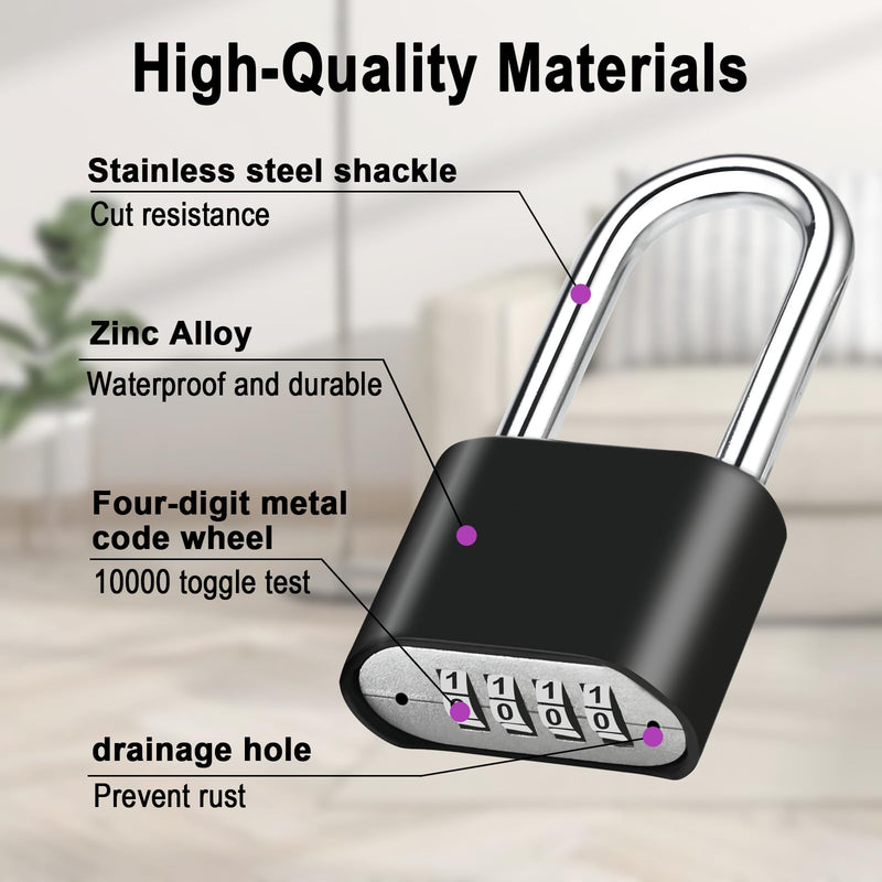 2pcs Combination Lock, 4-Digit Heavy Duty Combo Lock, Combination Padlock Outdoor Waterproof Gate Locks for Outdoor Fence, Locker, Sheds, Gym, Gate Hasps (2pcs, Long Shackle) 2pcs-Smooth