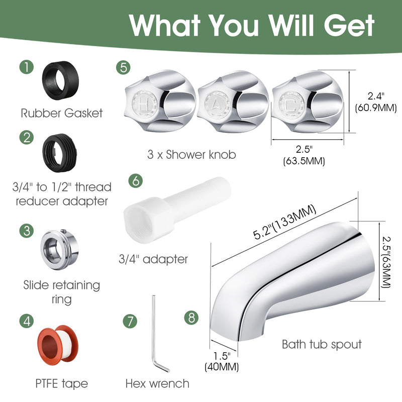 Bathtub Faucet and Shower Knobs Replacement,Easy to Install Tub Spout Set for 1/2" Copper Pipe,1/2" IPS and 3/4" IPS with Install Tool