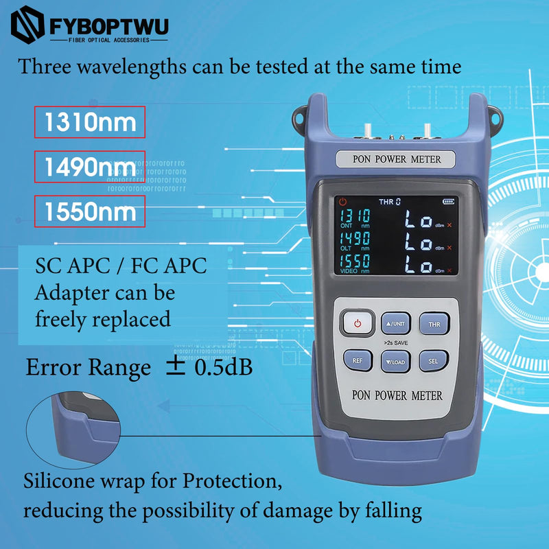 Optical Fiber Cable APC PON Power Meter Tester Tool ONT OLT Handheld PON Network Detection Online Fiber Tester with FC SC APC Adapter SC-APC