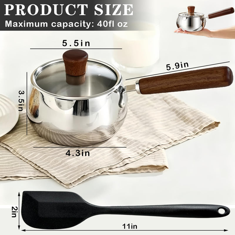 40oz Stainless Steel Milk Butter Warmer Pot with Glass Lid, Saucepan with Pour Spout, Milk Pot with Silicone scraper for Melting Butter, Warming Sauces, Heating Milk 1.2 Quarts-with Lid