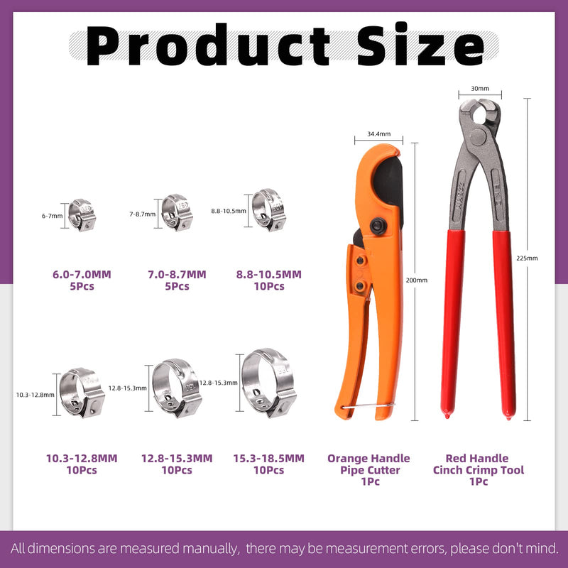 Swpeet 52Pcs 6 Sizes Single Ear Hose Clamps Assorment Kit, with 1Pcs Ear Clamp Pliers and 1Pcs Pipe Cutter for Securing Pipe Hoses