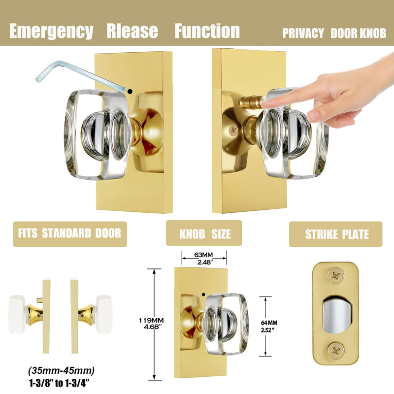 Gold Glass Crystal Door Knobs Interior with Lock, Modern Crystal Glass Privacy Door Knobs for Bedroom and Bathroom, Polished Brass