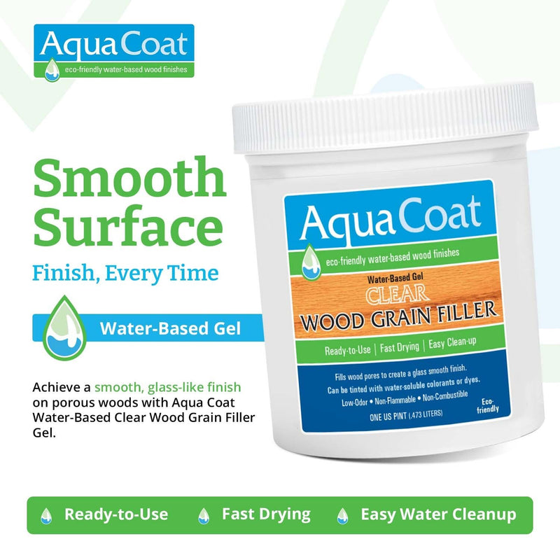 Aqua Coat Water-Based Clear Wood Grain Filler Gel, Fast-Drying, Low Odor, Low VOC, Sandable, Stainable & Paintable, Easy Water Cleanup, Glossy Finish, 16 oz Pint