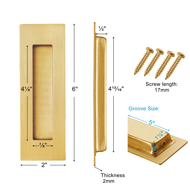 Malimali Recessed Finger Flush Pulls for Pocket, Sliding Barn Door - Brushed Gold Stainless Steel Rectangular Door Pulls (2 Pack) 6 Inch Stainless Steel Brushed Gold