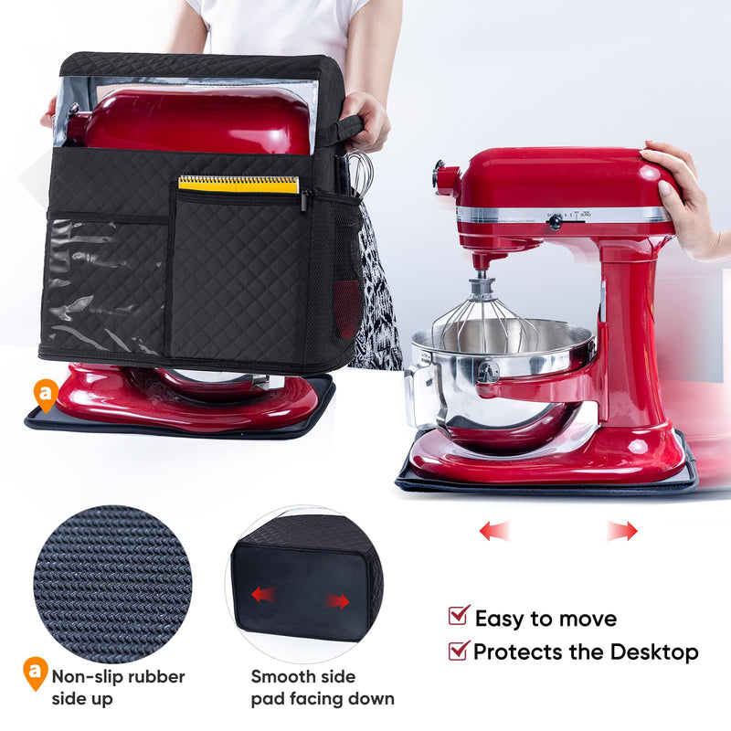 BAGSPRITE Stand Mixer Cover with Detachable Appliance Sliders Base Compatible with KitchenAid Mixer-Storage Bag for 6/7/8 Quart with Pockets for Kitchen Aid Accessories and Attachments Black Fit for 6 - 8 Quart