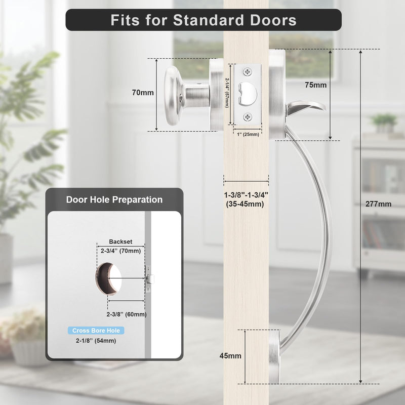 Probrico Satin Nickel Round Front Door Handle,Entry Door Handle Set with Door Knob,Exterior/Interior Passage Door Handleset Reversible for Right and Left Handed,1Pack 1