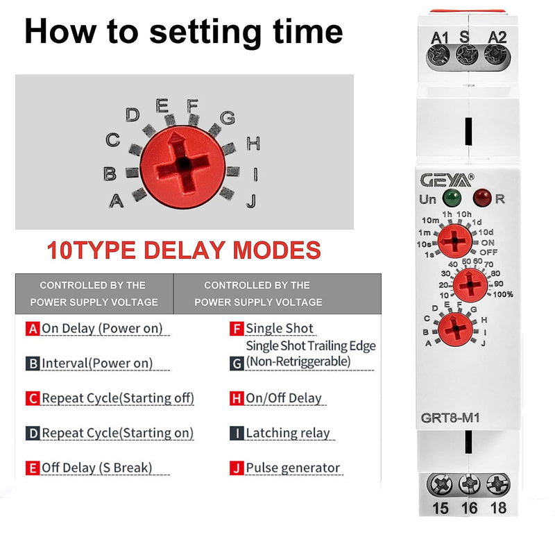 GEYA 16A Multifunction Time Relay 10 Function Choices AC/DC12V-240V 1 Output Control Relay(GRT8-M1,AC/DC12V-240V) AC/DC12V~240V Grt8-m1 - NewNest Australia
