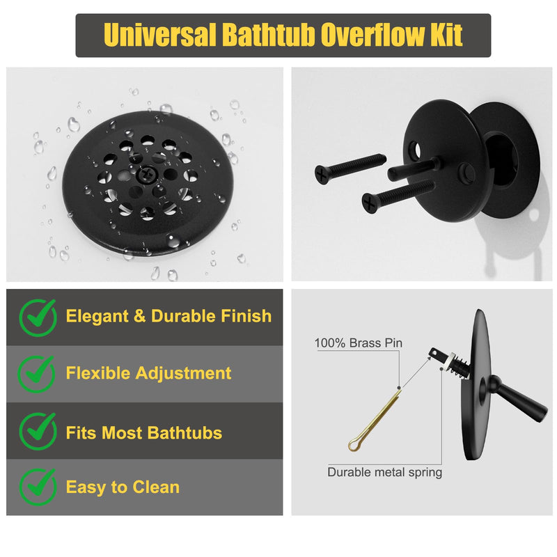 Trip Lever Tub Drain Kit, Bathtub Drains Stopper Replacement Set with Trip Lever Overflow Faceplate, Strainer, No Putty Gasket and Matching Screws (Matte Black) Black Kits
