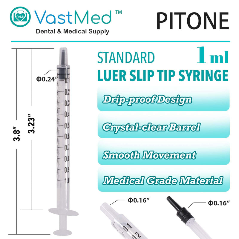 100PCs Dental Grade 1ml Without Needle Disposable Luer Slip Tip Sterile Size by VASTMED | Individually Sealed for Industrial, Scientific, Measuring 1 ML (100 PCs)
