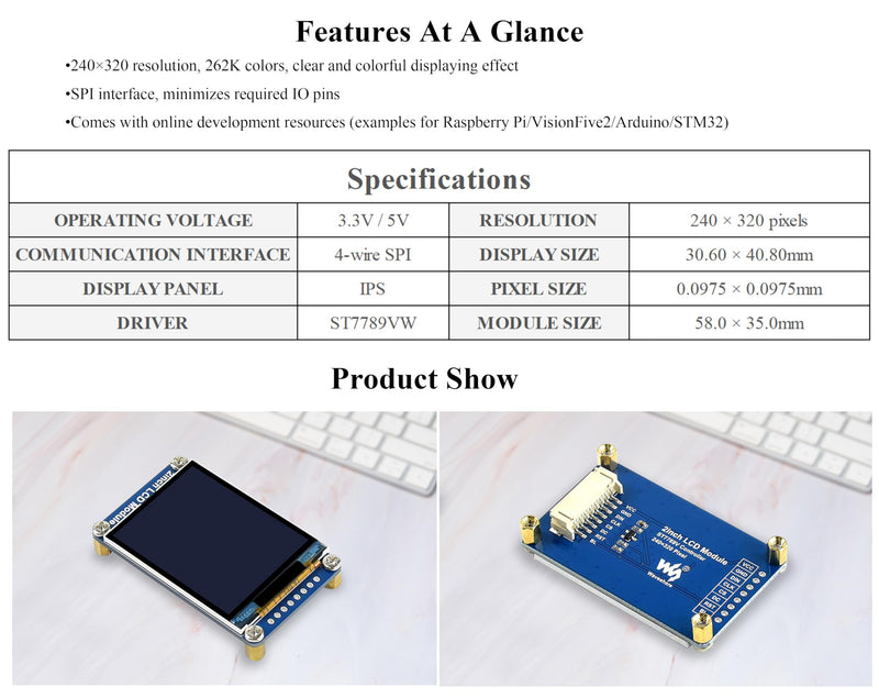waveshare 2inch LCD Module Mini LCD Screen Compatible with Raspberry Pi/Ardu-ino/STM32, 240x320 Resolution IPS LCD Display, 262K RGB Color, Embedded ST7789VW Driver, SPI Interface 2inch IPS LCD Display Module