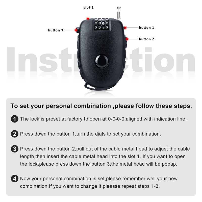 Motorcycle Helmet Lock, 4 Digit Combination 27.5 Inch Retractable Cable Lock for Snowboard, Bike Luggage Backpack Scooter Suitcase Ski, Small Multi-Function Secure Lock for Travel, Black 2 Pcs