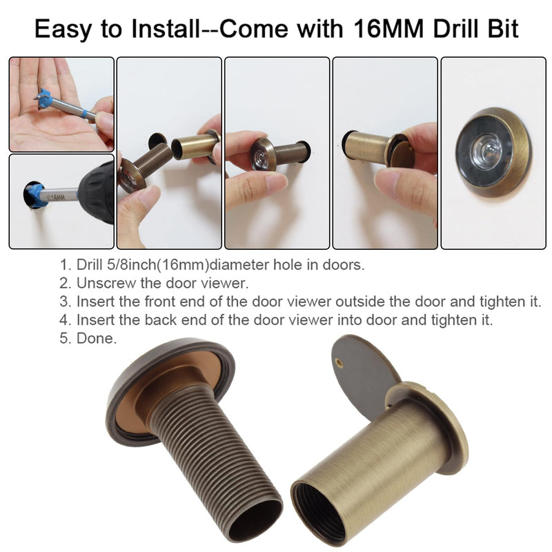 Door Viewer Peephole,200 Degree Solid Brass Peep Holes for Solid Wood Door with 16mm Drill Bit, 5/8 Inch Door Eye Viewer with Privacy Cover for 1-3/8" to 2-1/4" Doors (1, Antique Bronze)