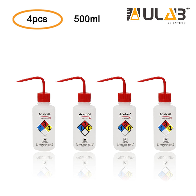 ULAB Safety Wash Bottles, 4pcs of Acetone Wide-Mouth Wash Bottles, LDPE Material, Vol.500ml, UWB1022 4pcs, Acetone Label