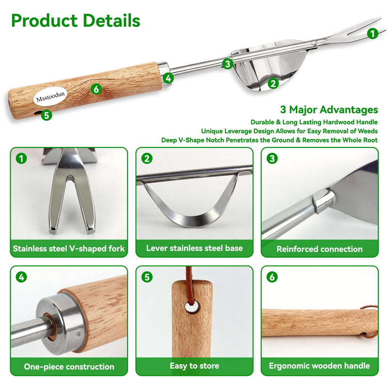 4PCS Garden Weeding Tool Set, Hand Weeder Tools with Wooden Handles, Double Claw Root Hook, V-Shape Weed Puller, Crack Weeder & Stainless Steel Garden Trowel for Digging, Planting & Weed Removal