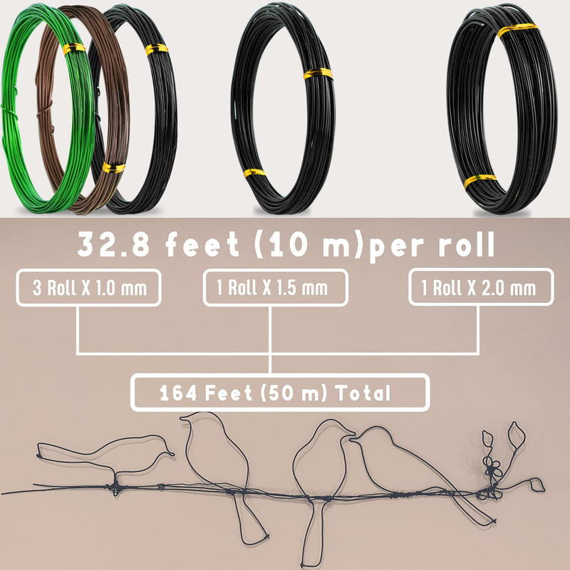 Sanlykate Bonsai Wire Tool Kit with Cutter, 5 Roll Tree Training Wires 164 Feet Total, 1.0mm, 1.5mm, 2.0mm Anodized Aluminum Wire Set, Hold Plant Branches Trunks (Black, Green, Brown) 1.0mm 1.5mm 2.0mm 5 Rolls Mixed 164 Ft, WITH Cutter