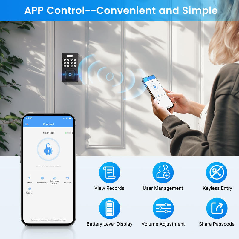KNOBWELL Smart Lock Deadbolt for Front Door, Fingerprint Keyless Entry Door Lock, Biometric Touch Digital Keypad Deadbolt, Electronic Password Door Locks with Bluetooth and APP Control