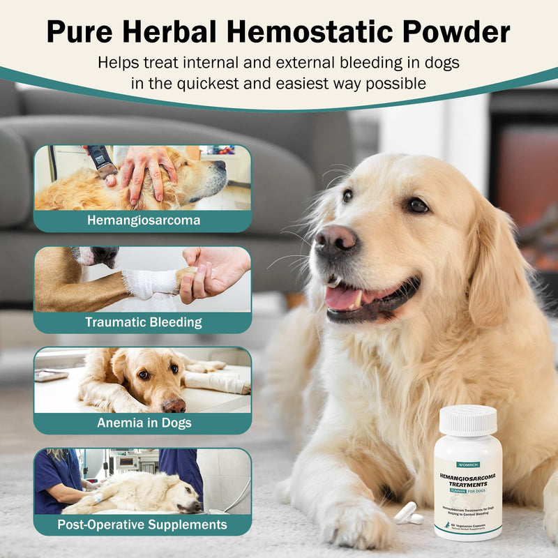 Blood Support for Dogs, Yunnan Sanqi Capsules for Dogs for Hemangiosarcoma, Hemoabdomen, Pericardial Effusion, Cancer Bleeding, Severe Bruising, Ulcer-Related Bleeding, Bloody Stools - 60 Capsules Chicken