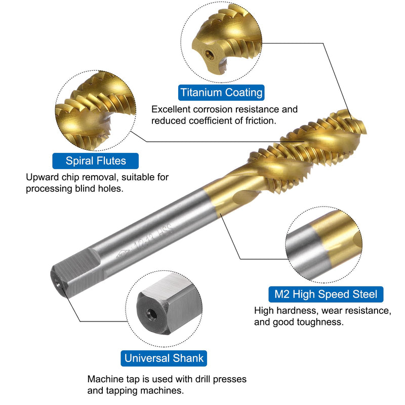 uxcell 2pcs Spiral Flute Thread Taps, 1/2-13 UNC H2 Screw Threading Tap, Titanium Coated 6542 High Speed Steel Machine Tapping Tools for Machinist Repair