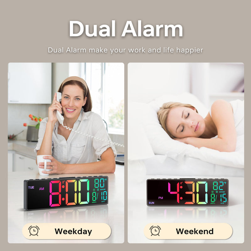 JALL 10.5'' Digital Large Alarm Clock with 8-in-1 RGB Colors, Date, Month, Temperature LED, Auto DST, Modern for Desk, Wall, Living Room, Bedroom, Birthday Xmas Gift (Black, 10.5 inches) Black