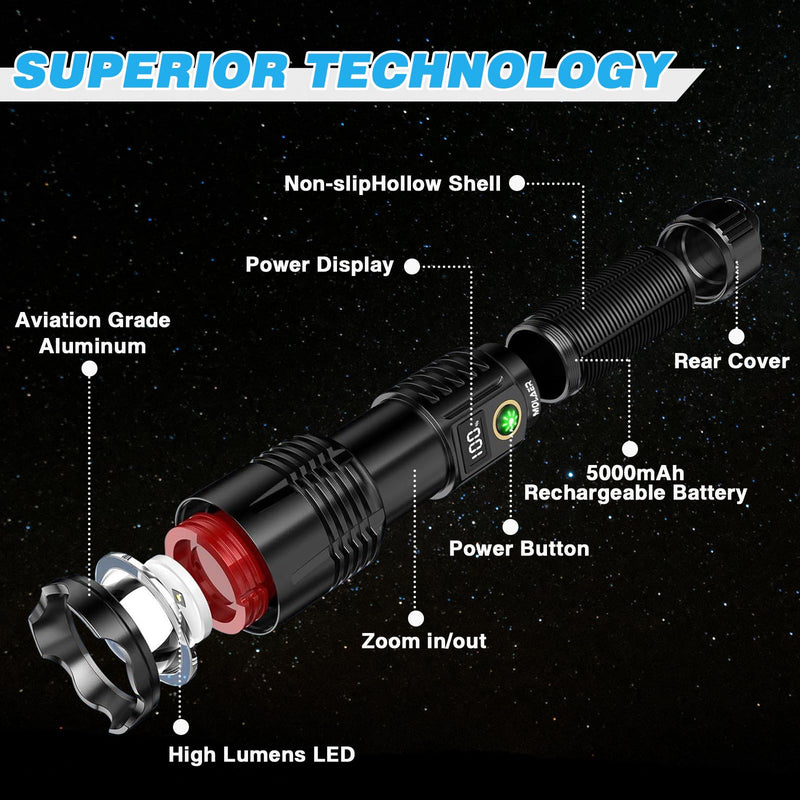 Rechargeable Flashlights 2200 High Lumens, Super Bright LED Flashlight with Zoomable, 6 Modes, IPX6 Waterproof, Powerful Tactical Handheld Flash Light for Camping, Hiking, Emergencies Black