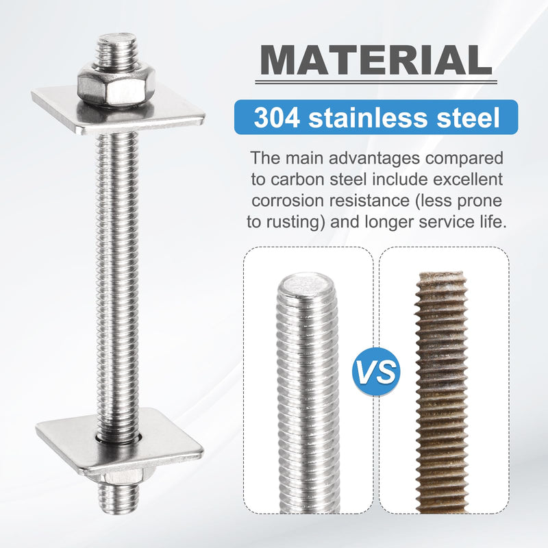 MECCANIXITY 1Set M10x500mm Fully Threaded Rod, 304 Stainless Steel Threaded Rods Bar Studs Right Hand Threads with Nut Square Washer for Structural Anchoring Fastening Screw 1