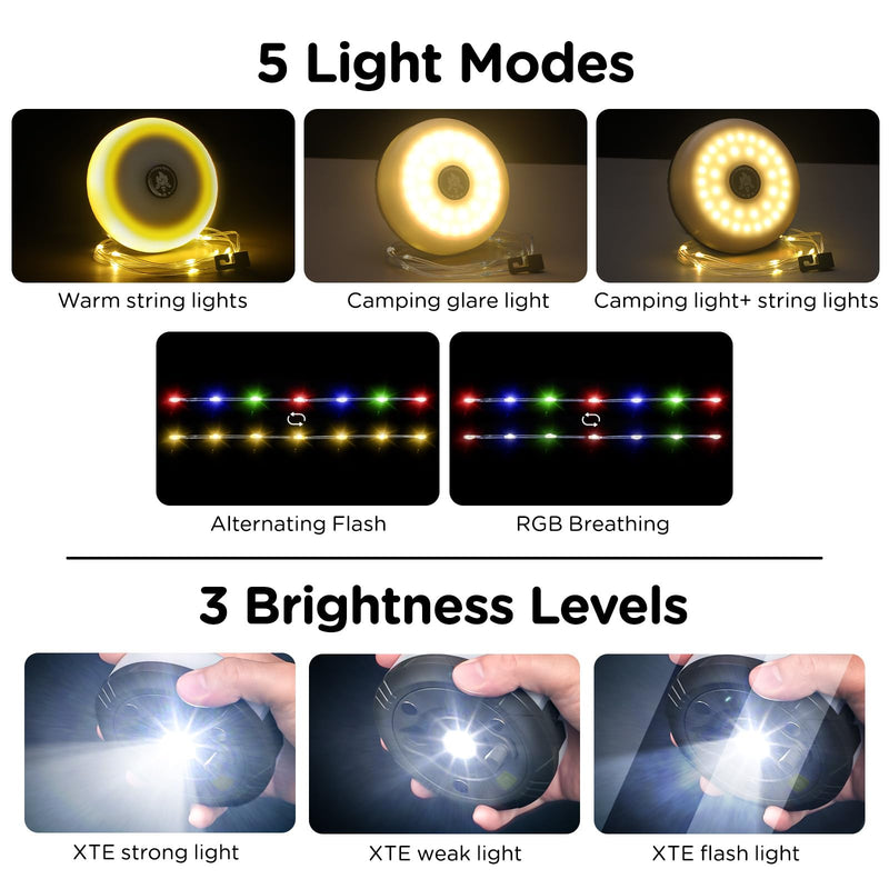 Camping String Lights, 4 in 1 Quick Storage 32.8FT Rechargeable Tent Lights String with 8 Lighting Modes, Hanging Waterproof Portable LED Lamp for Outdoor Patio Awning Garden Party Essentials Green