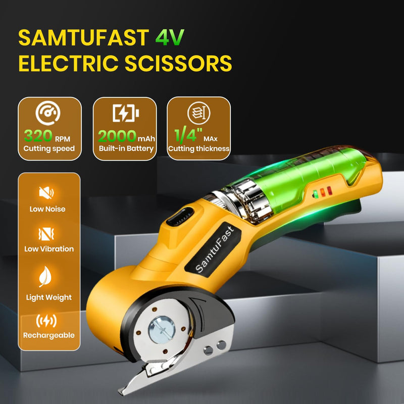 Cordless Electric Scissors, 4V Rechargeable Box Cutter Electric with Storage Box, 2 Blades, USB Charging Cable, Cardboard Cutter Electric for Cardboard Plastic Fabric Leather Carpet (Yellow) Yellow