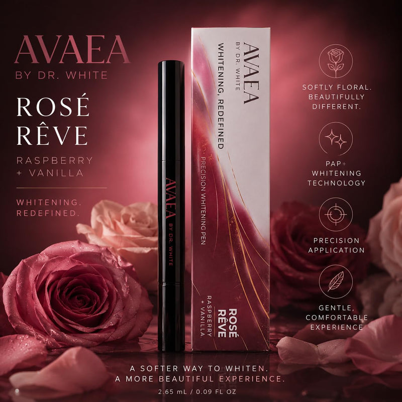 Dr. White’s AVAEA™ Rose Rêve Teeth Whitening Pen | 0.09 Fl Oz Pap+ Precision Whitening Serum | Peroxide-Free Whitening Treatment | Raspberry + Vanilla