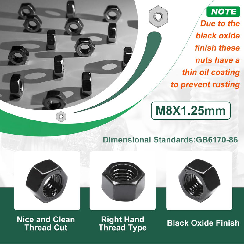 M8 Hex Nuts, 30Pcs M8 x 1.25mm Hexagon Nut, Carbon Steel, Black Oxide, Hex Drive, Grade 8.8, Metric, Right Hand, 13mm/0.5" Width, 6.5mm/0.25" Height, Replacement Wheel Nut with Plastic Case