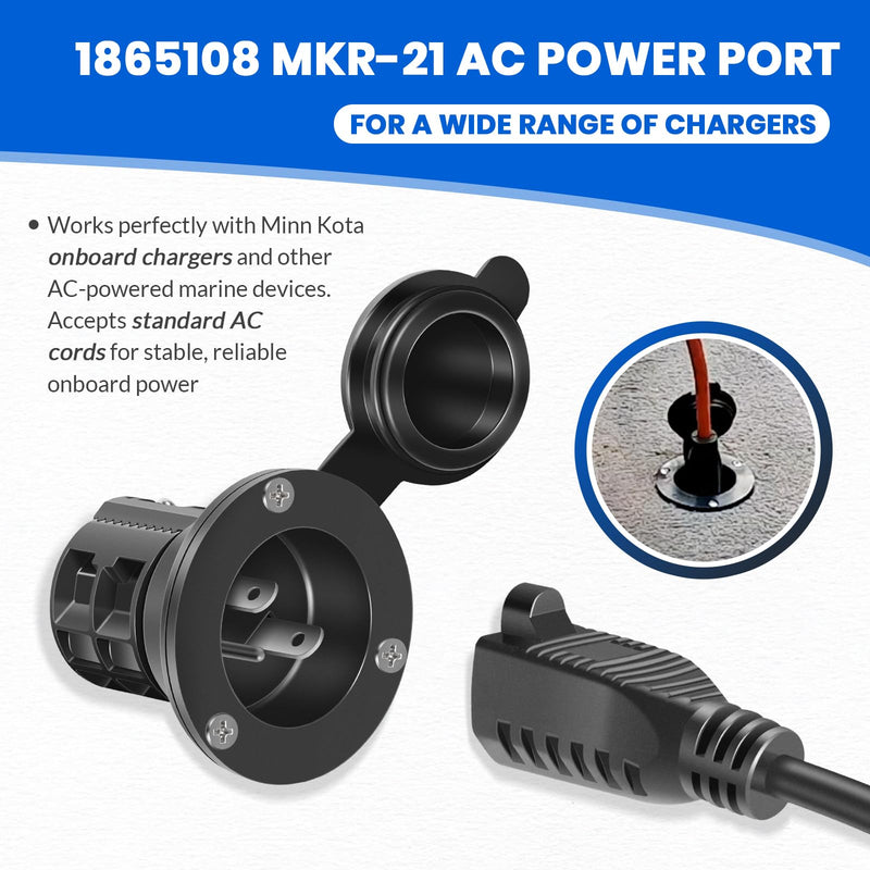 MKR-21 AC Power Port 1865108 for Minn Kota Onboard Chargers, Marine AC Charger Power Port with Waterproof Cover, Black