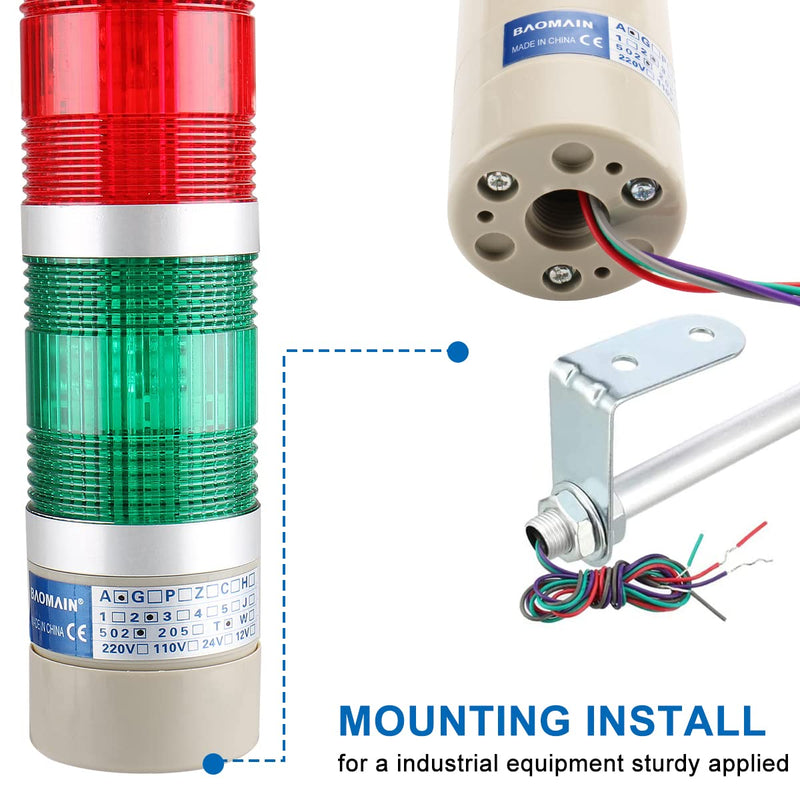 Baomain Industrial Signal Light Column LED Round Tower Light Indicator Continuous Light Warning Light Red Green AC 110V LTA-502T
