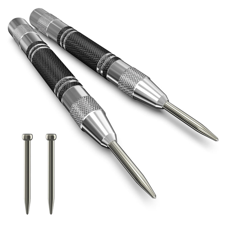 2 Pack Automatic Center Punch, 5 inch Heavy Duty Steel Spring Loaded Center Hole Punch with Adjustable Tension Punch Tool for Metal Wood Glass Plastic 5Inch