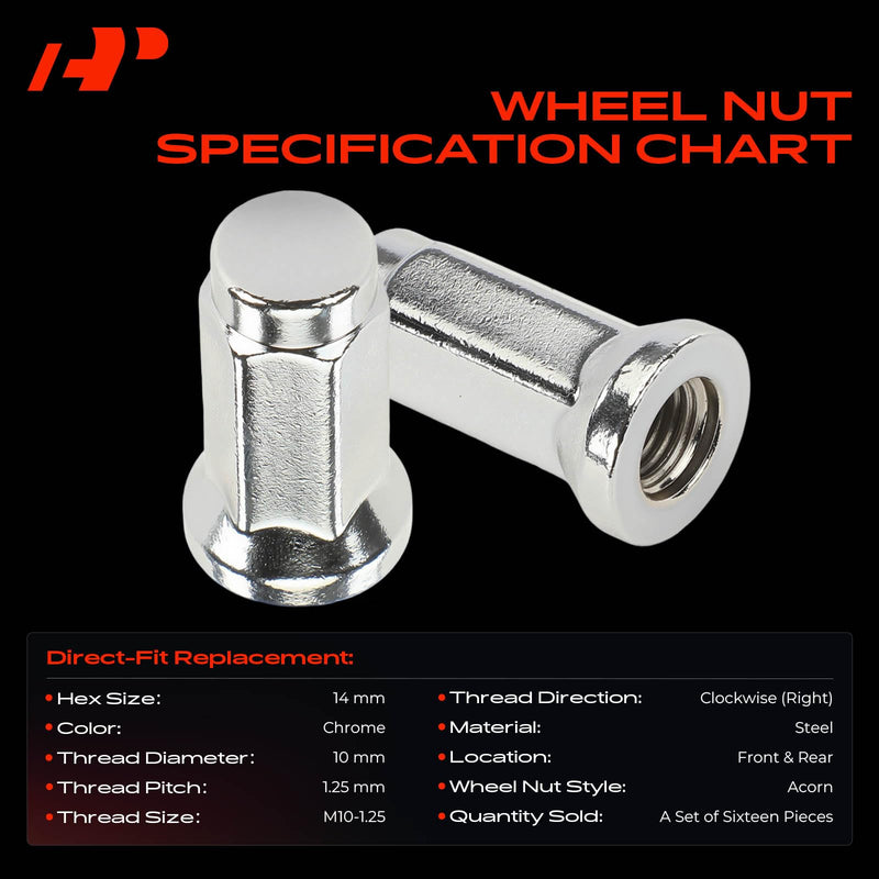 A-Premium Front & Rear M10-1.25 Wheel Lug Nuts, Set of 16 | Compatible with All ATV UTV Models - Arctic Cat ATV & Kawasaki& Suzuki & Yamaha & Honda & Polaris