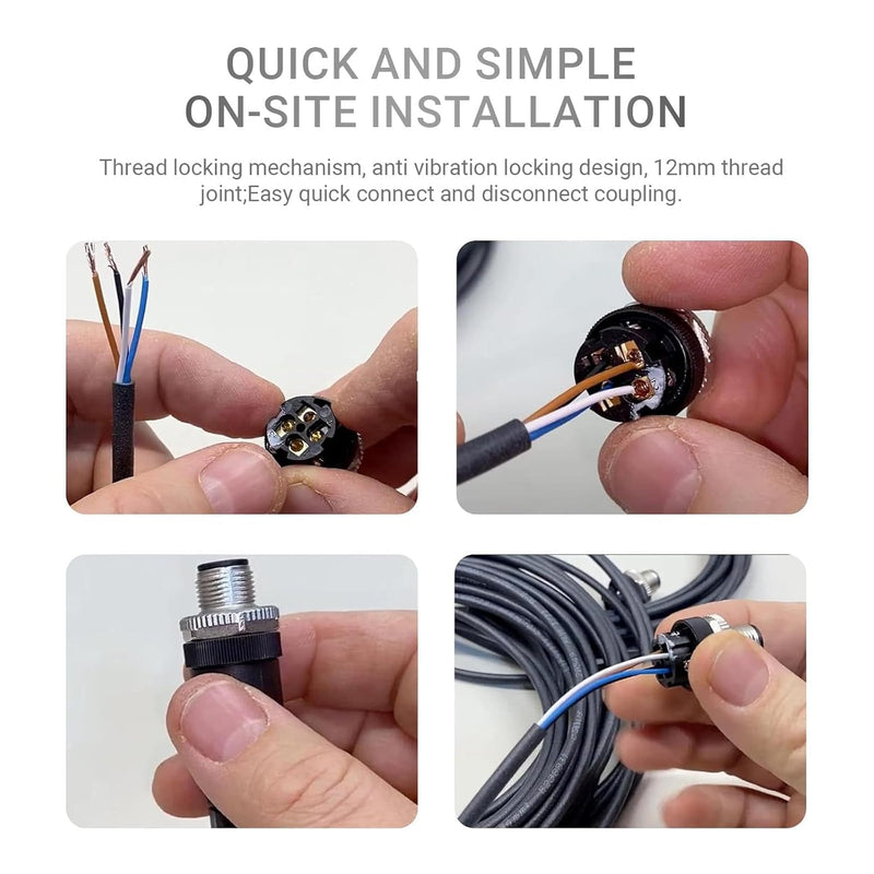 10pcs M12 4 Pin Connector Field Wireable A Code Straight Male Plug Non-Shield 12mm Industrial Circular Connector, Outdoor Waterproof IP67 10
