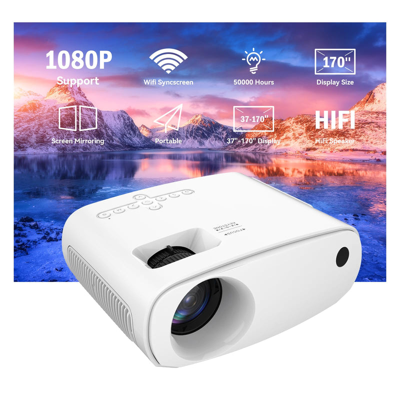 Mini Projector with Wifi and Bluetooth - Portable Outdoor Movie Projector 1080P Full HD Compatible with HDMI/ Phone/ Tablet/ Laptop/ TV Stick/ PS4