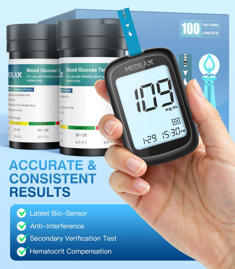 Medilax Blood Glucose Test Strips, Only for Medilax Blood Glucose Monitor | 100 Counts Blood Sugar Test Strips + 100 Counts Lancets, Testing Kit for Diabetes, High Accuracy & Fast Results
