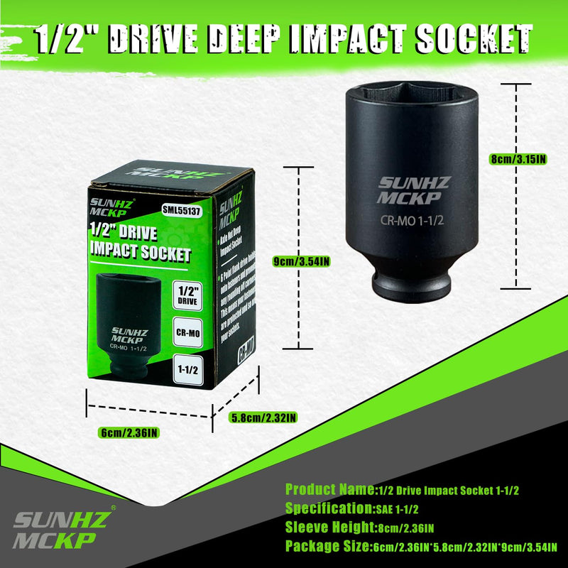 SUNHZMCKP 1/2 Inch Deep Drive Impact Socket, SAE 1-1/2 inch Socket, CR-MO, 6 Point Axle Nut Socket for Easy Removal of Axle Shaft Nuts (1-1/2 Socket)