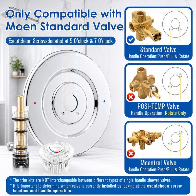 Shower Trim Kit,Compatible with Moen T470 Chateau Shower Trim Kit for 1225 Trim Kit,With 1225 Replacement Cartridge,104421 Removal Tool,Escutcheon,Tubes,Shower handle and Screws,Chorme