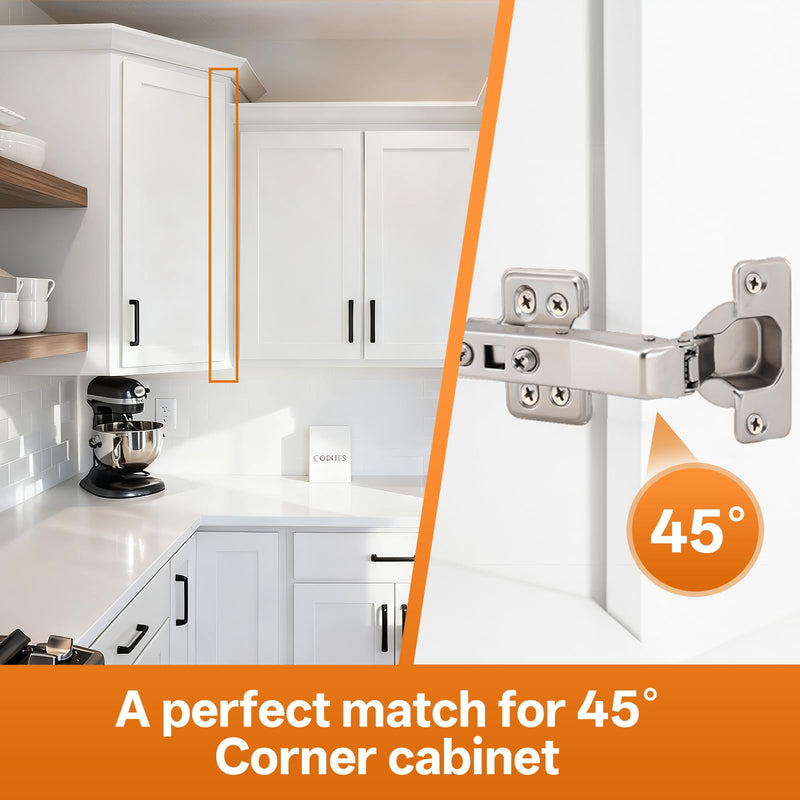HBL' 4 Pack 45° Corner Cabinet Hinges, 45 Degree Angled Hinge Replacement for Diagonal Wall Cabinets, 35MM European Soft Close Hinges for Frameless Doors