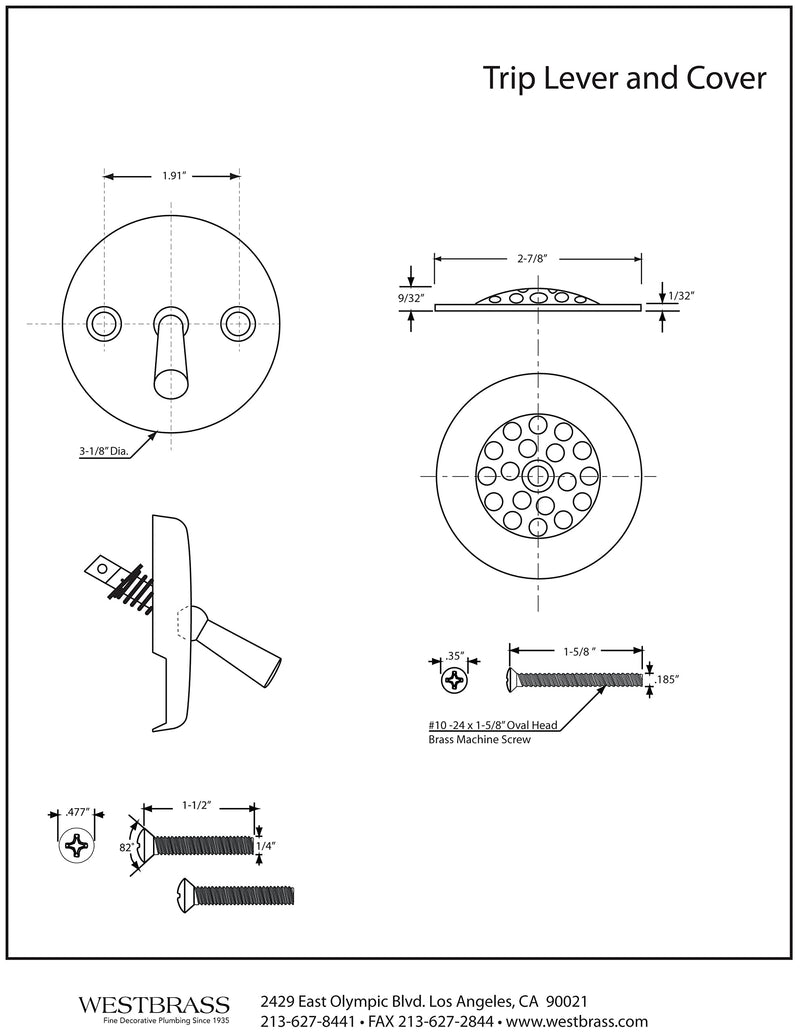 Westbrass A92-26 3-1/8" Trip Lever Bathtub and Shower Drain Kit with 2-Hole Overflow Faceplate, Polished Chrome